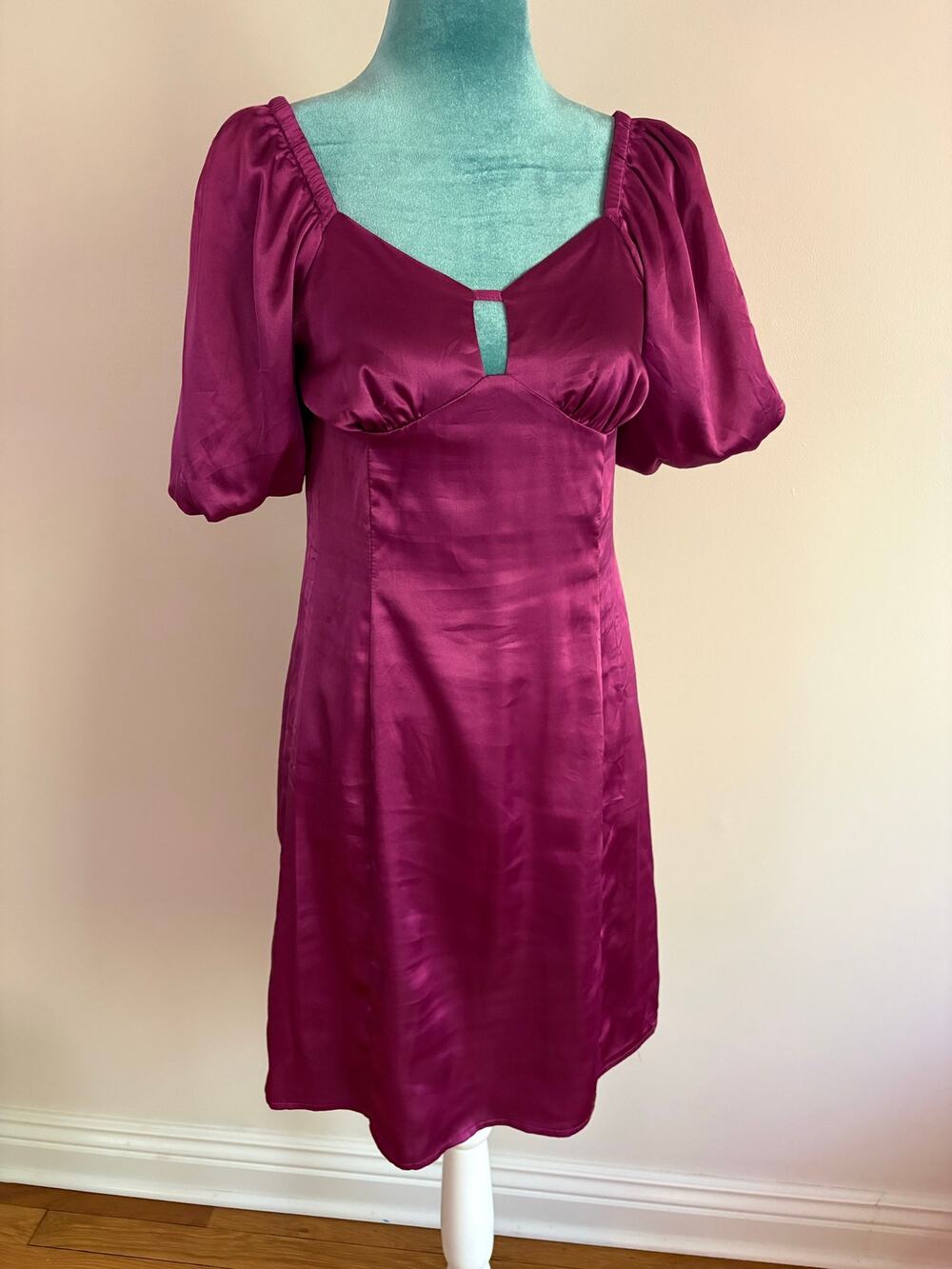 Versona Magenta Satin Puff Sleeve Mini Dress Cutout Size XS Cocktail